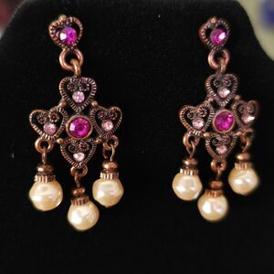 Dangling Pink Pearl Earrings Rhinestone Fairycore Regency Whimsical Fancy Royal